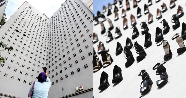 Artist hangs 440 shoes off a building to show how many women were killed by their husbands